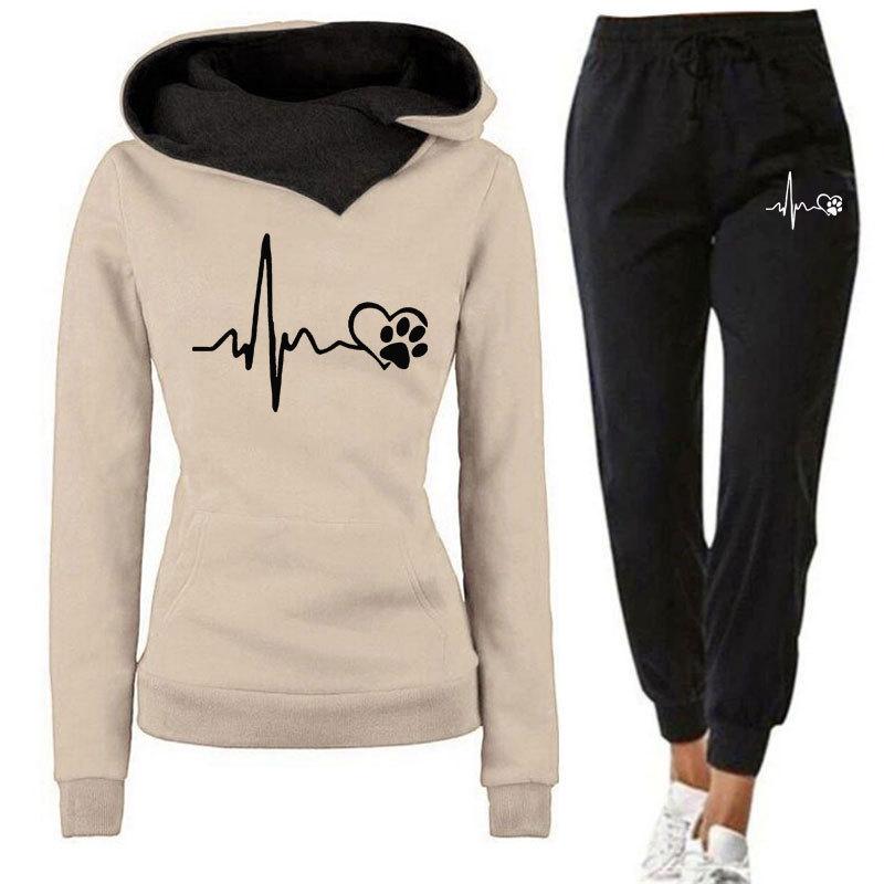 Neues Frühlings- und Herbst-Winter-Freizeitsport-Set, Herzschlagfrequenz-bedruckter Damen-Hoodie, Sweatshirt-Set, trendig
