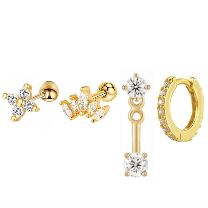 Set de 4 Pendientes Aro Huggie Circulares de Acero Inoxidable para Mujer Color Dorado Único Pendiente de Flor con Circonita Joyería para Piercing