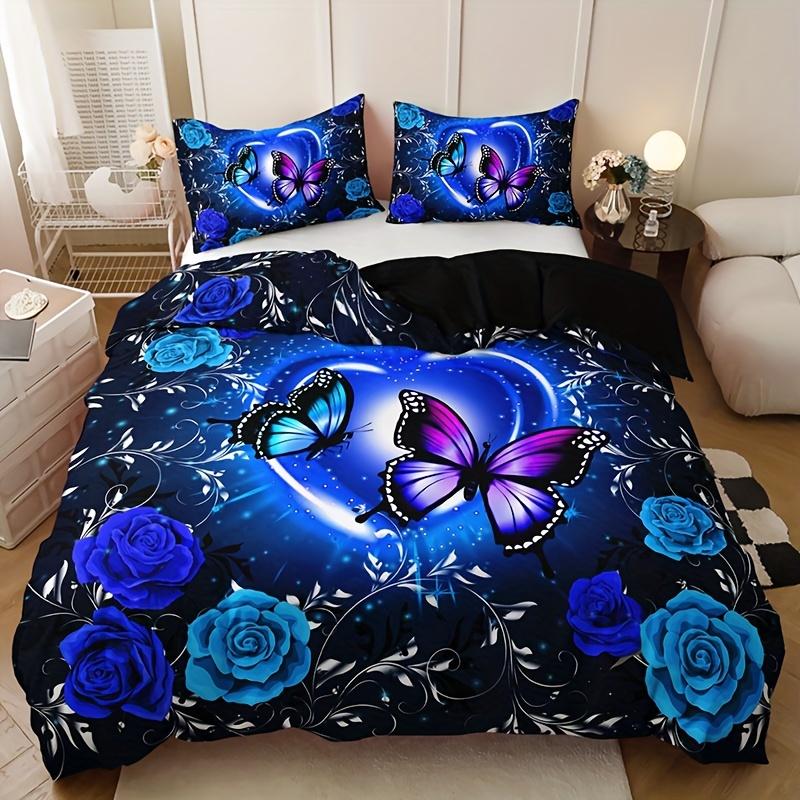 Blue Butterfly Floral Heart Duvet Cover Set - Includes 1 Duvet Cover And 2 Pillowcases Breathable Cotton Machine Washable