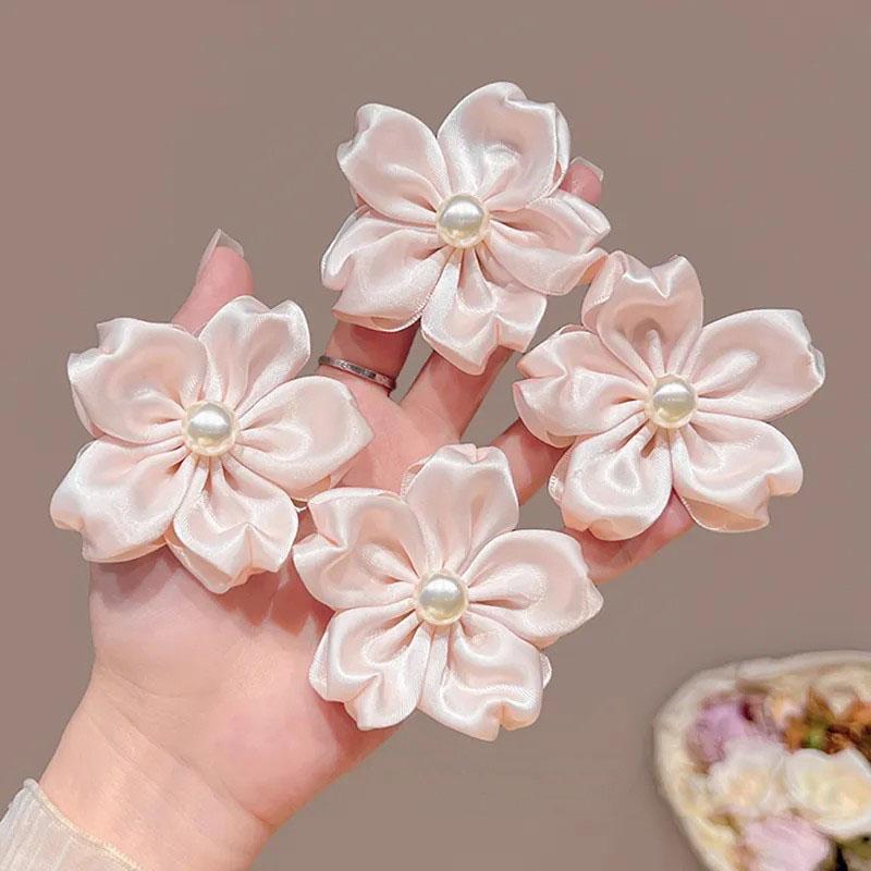 New Fashion Satin Pink Flower Hair Clamps Korean Imitation Pearl Side Hairpins Barrettes For Women Cute Hair Accessories