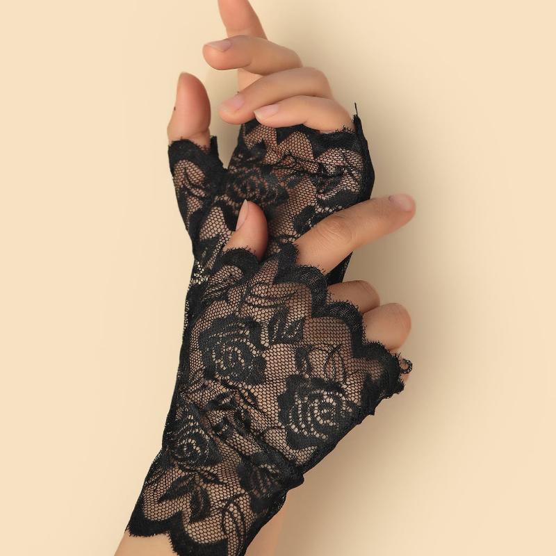 1pair Black Lace Rose Decoration Sheer Breathable Party Gloves