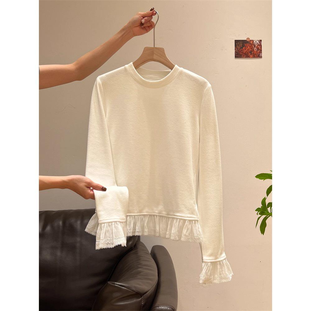 Korean Style Lace Trim Fleece Patchwork Long Sleeve T-Shirt for Autumn/Winter Women