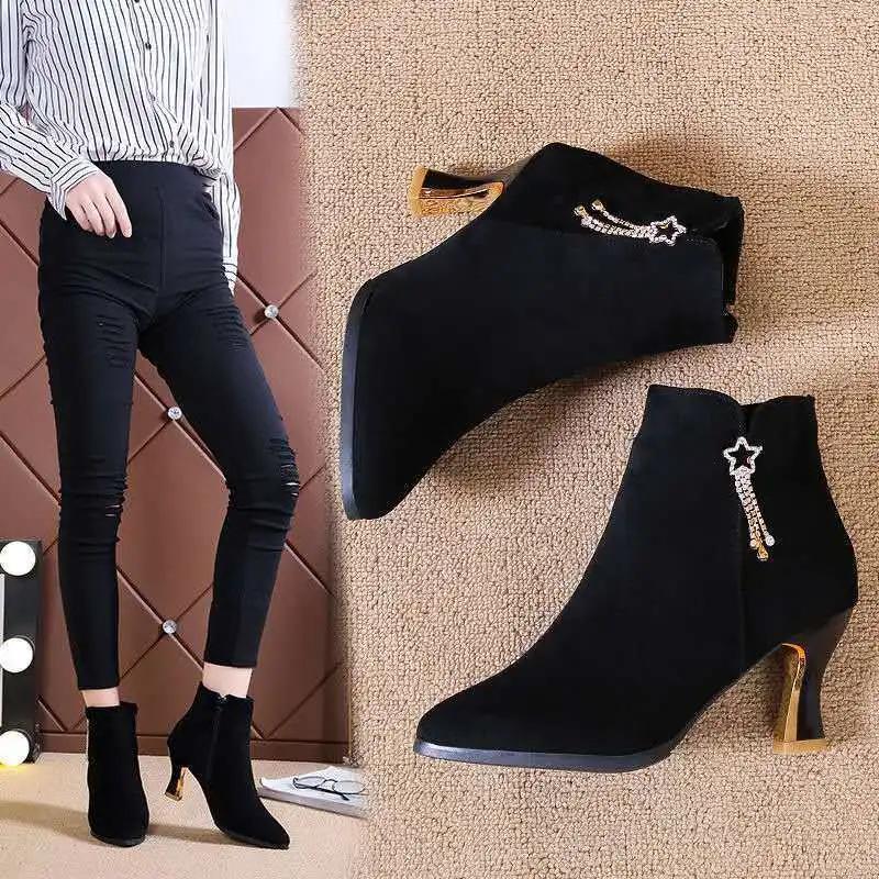 Fashion Booties Heeled Black Solid Color Ankle Boots for Women Rhinestone New In Fashion 2025 On Promotion Trend Sale Woman Short Shoes