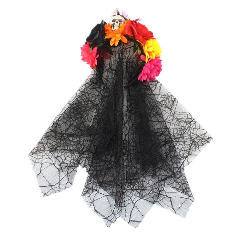Black Veil Flower Crown Skull Headband Day of The Dead Headband Rose Flower Crown Halloween Tiaras Crown Flower Headband 1