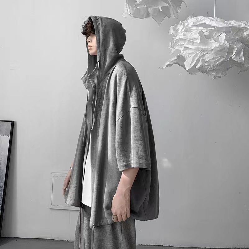 Summer Vintage Oversized Harajuku Shirt Men Casual Loose Hooded Blouse All Match Fashion Streetwear Male Clothes