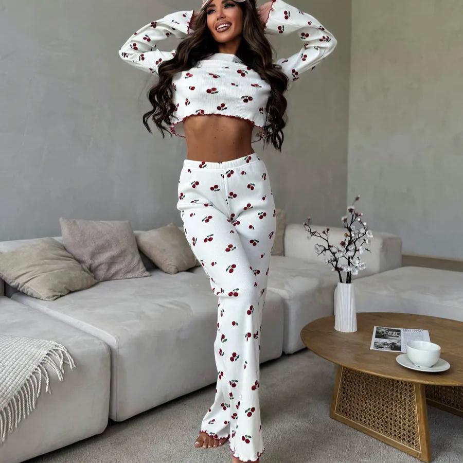 

Spring Autumn Cherry Print Pajamas Set for Women Homewear Long Sleeve Crop Tops and Trousers 2 Pieces Sexy Ruffle Pijamas Sleepwear Loungewear S