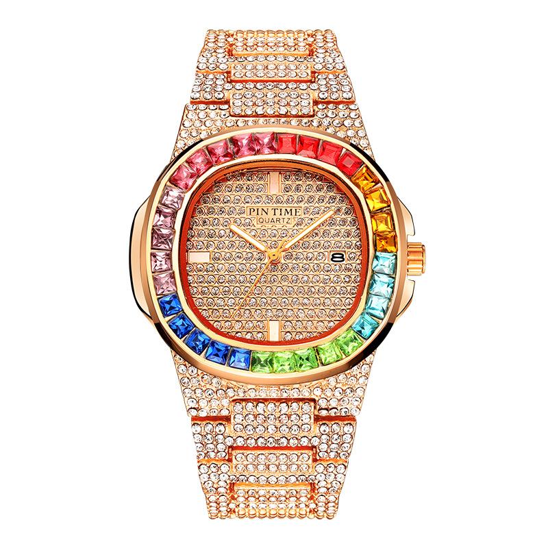 

Роскошные кварцевые часы Iced Out для мужчин с люминесцентными стрелками, модными бриллиантовыми календарями, квадратными часами унисекс с ремешком из нержавеющей стали ярко-розовый