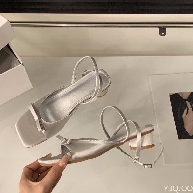 Fashion French style thick heel slim strap sandals 2025 summer butterfly dew toe fashionable simple versatile comfortable women's shoes