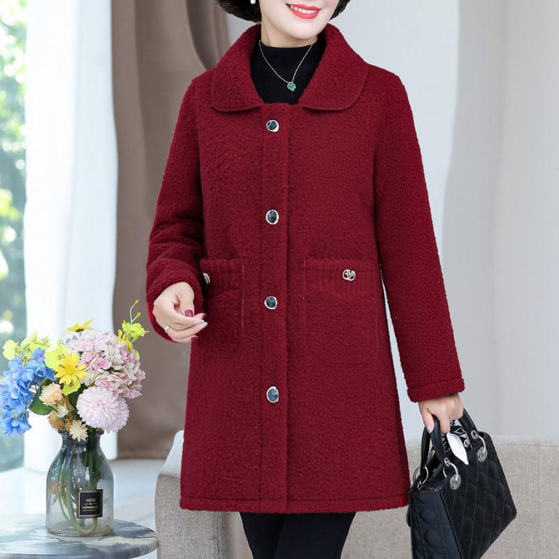 Mom Lamb Wool Jacket Winter Women's Plush Integrated Medium and Long Imitation Leather Plush Thickened Top Granular Plush