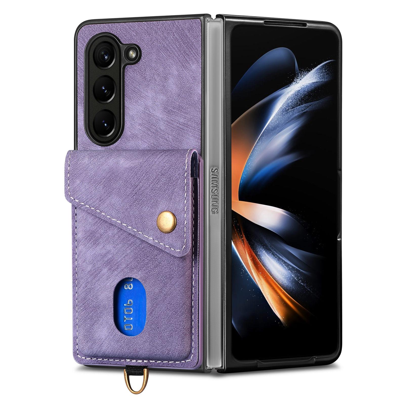 

D1 For Samsung Galaxy Z Fold6 5G Case Kickstand Card Bag Leather+PC Phone Cover with Strap Purple