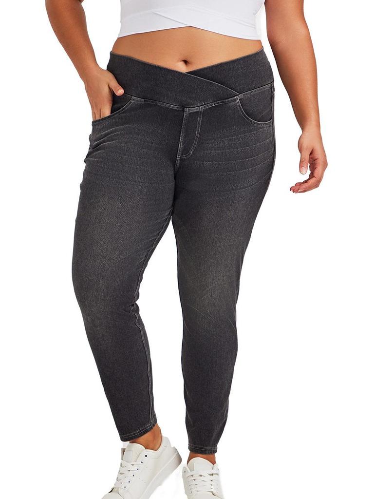 Cross-Waist Plus Size Skinny Jeans with Butt-Lifting Pockets & Monkey Wash