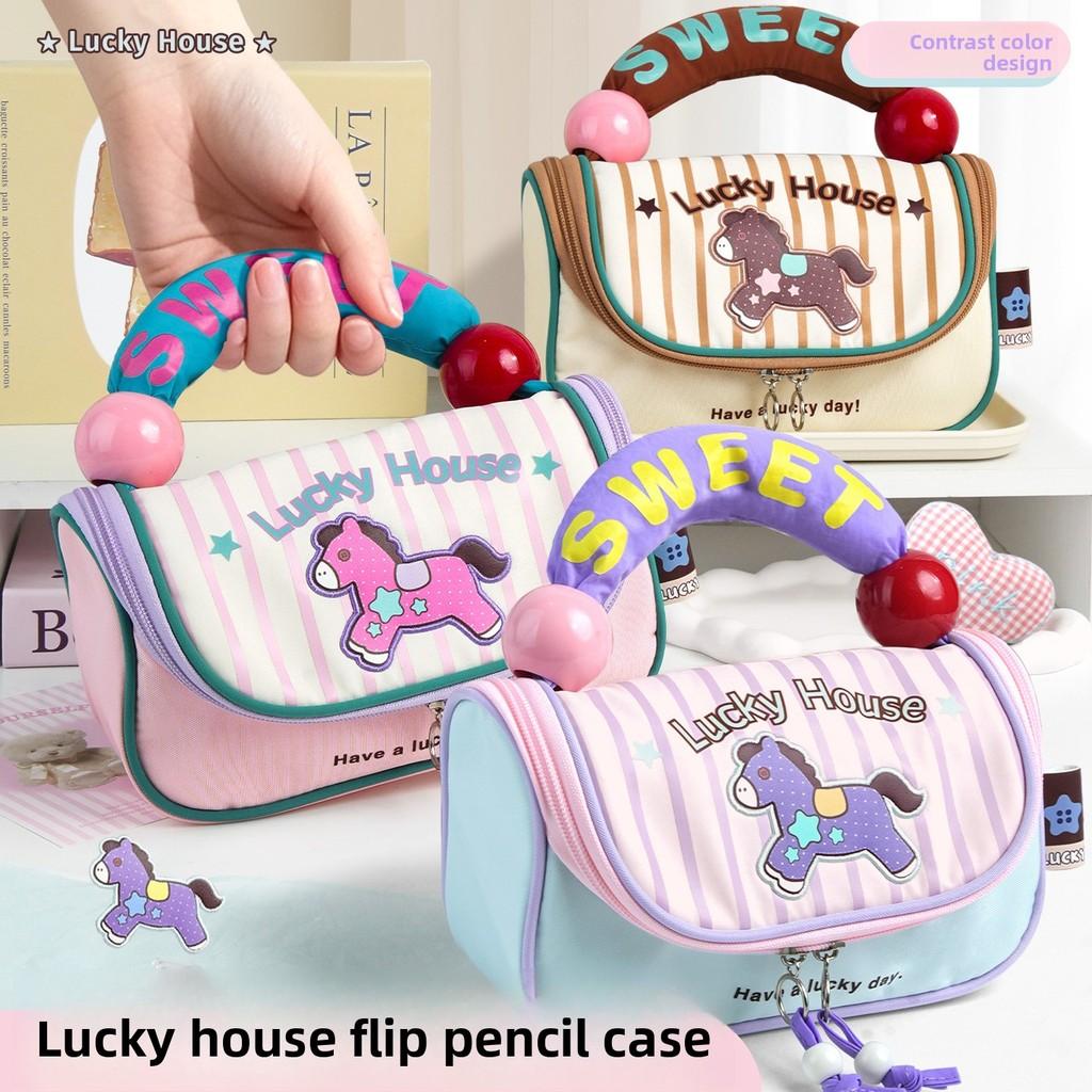 Kids Pony Pencil Case With Multiple Compartments Oxford Fabric For School Supplies