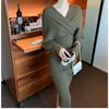 Women's V-neck High Waist Sweater Slim Long Sleeve Mid-length Knitted Dress