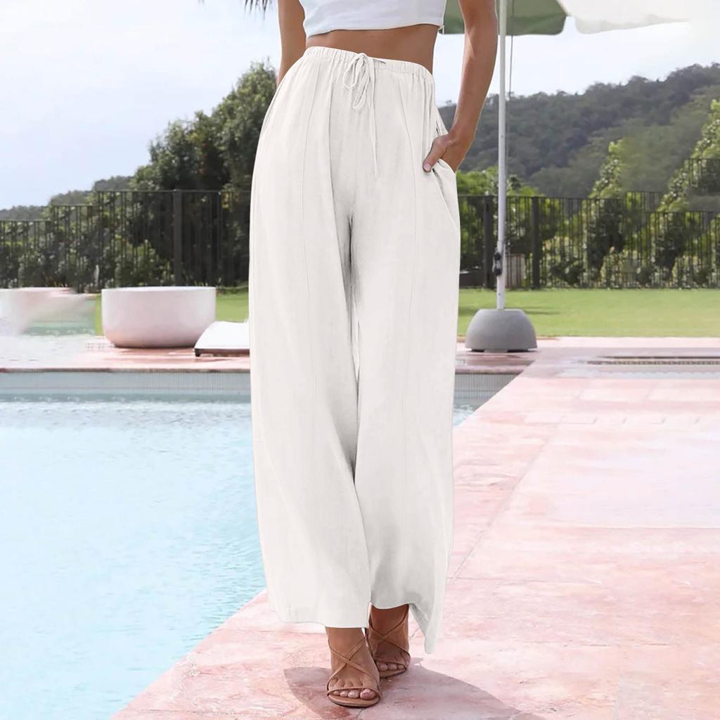 Women's Casual Relaxed Fit High-Waisted Belted Pocket Cotton-Linen Blend Trousers
