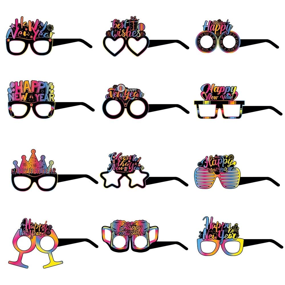 12/6pcs Happy New Year Paper Glasses 2026 Eyeglasses Frame Photo Booth Props New Year's Eve Party Decoration Christmas Supplies