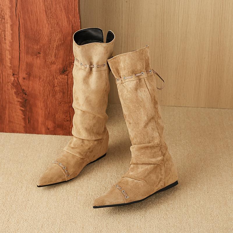 

F708-2 ретро остроносые 2025 новые западные ковбойские сапоги до колена универсальные сапоги на наборном каблуке высокие сапоги женские 39 хаки