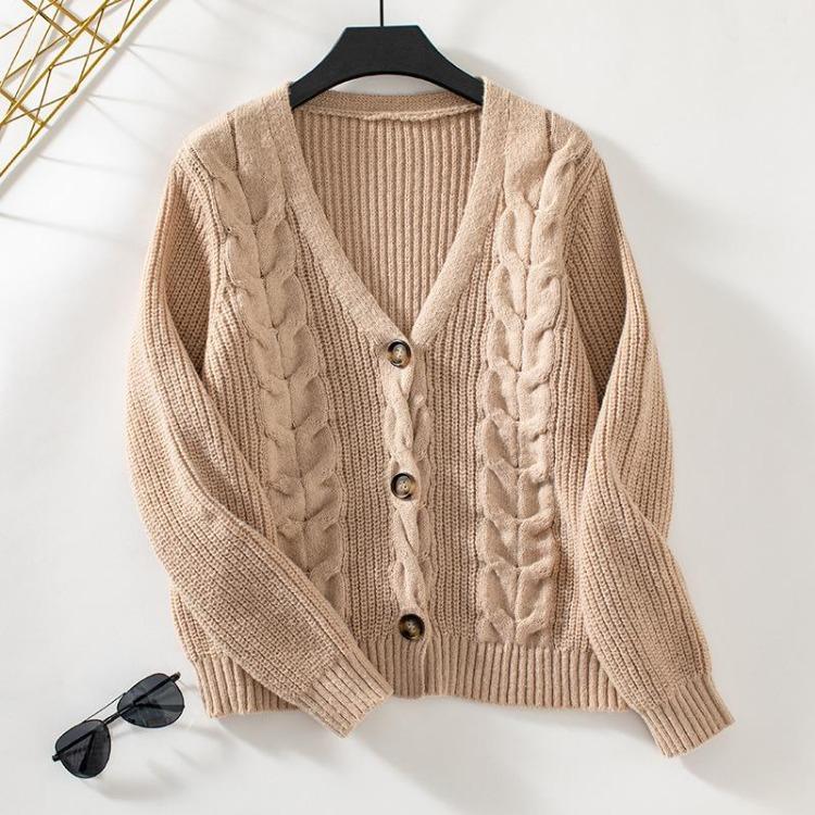 Høst Vinter Vintage Løs Langermet V-hals Genser Ensfarget Cardigan Strikkeplagg