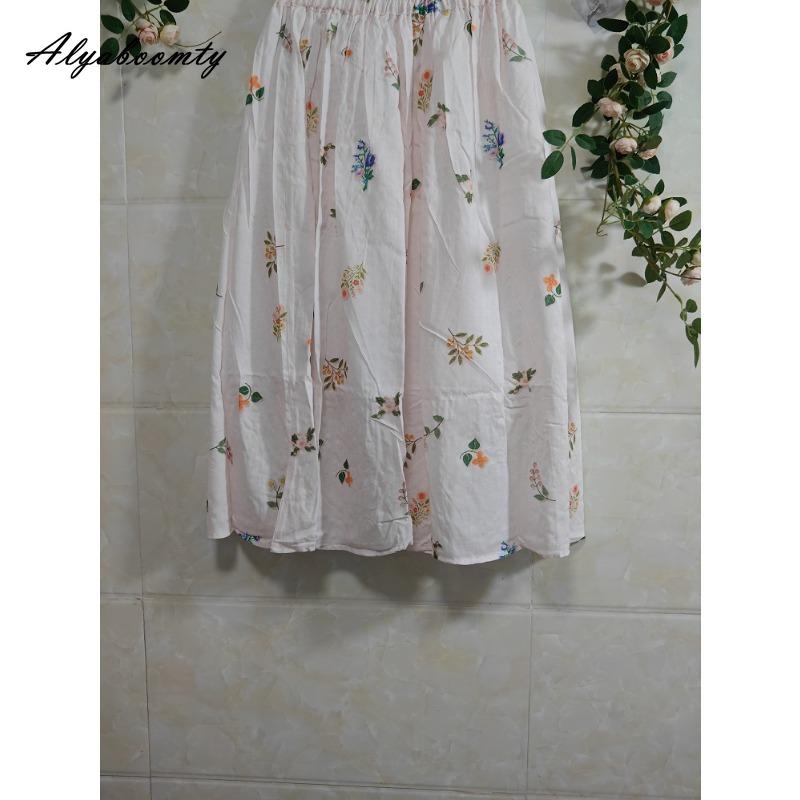 Prairie Chic Spring Summer Women Midi Skirt Elastic Waist Light Pink Floral Print A-Line Skirt Elegant Feminine Sweet Skirts Womens