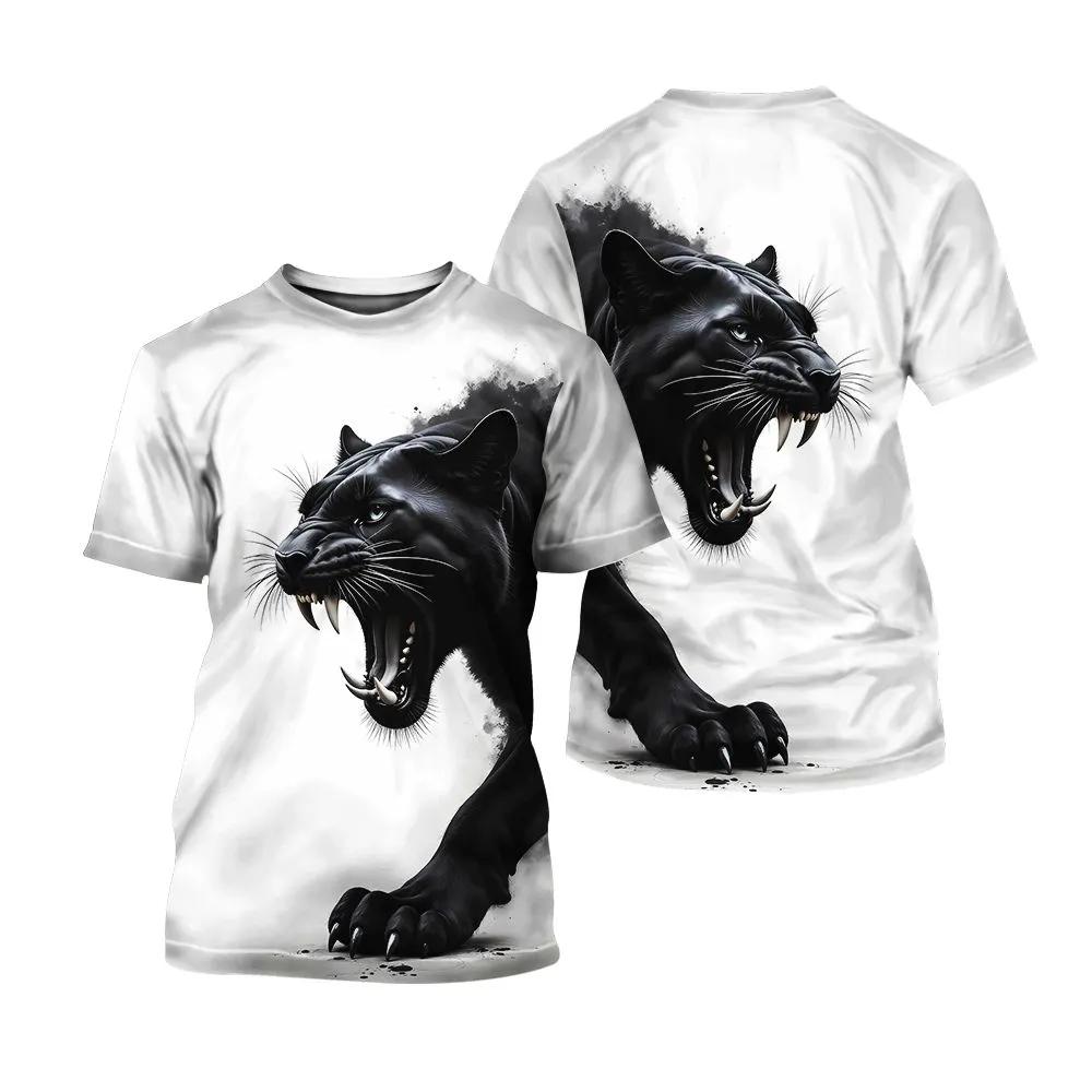 Men s White T-Shirt with Realistic Roaring Black Panther Print, Aggressive Wild Cat Graphic, Short Sleeve Crew Neck Tee for Casual Streetwear XXS