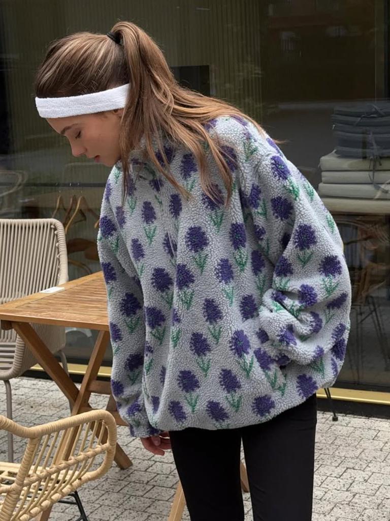 Fleece Jacquard Half Zip Sweatshirt 2026 Winter New Loose High Neck Pullover