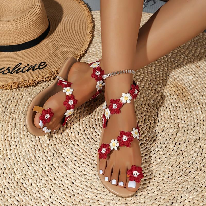 Foreign Trade Set of Toe Sandals 2025 Summer New Flat-bottomed Flower Flat-bottomed Beach Large-size Open-toed Women's Sandals
