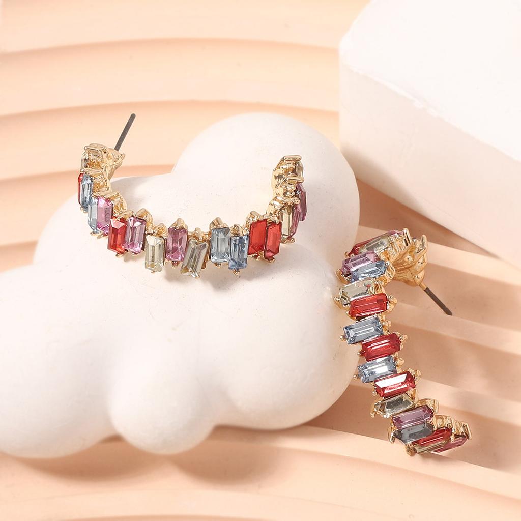 Exquisite light luxury inlaid with colored zircon gears, personalized design studs, niche semi-opening large C-ring earrings