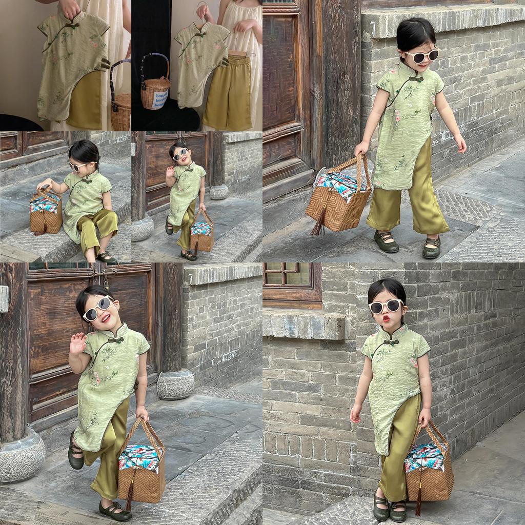 Elegant Chinese Style Summer Outfit For Girls Featuring Beautiful Floral Qipao Top And Stylish Pants Set For Ages 3 To 8 Years
