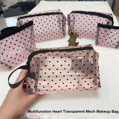 Multifunction Mesh Makeup Bag Heart Transparent Ladies Toiletry Storage Bag