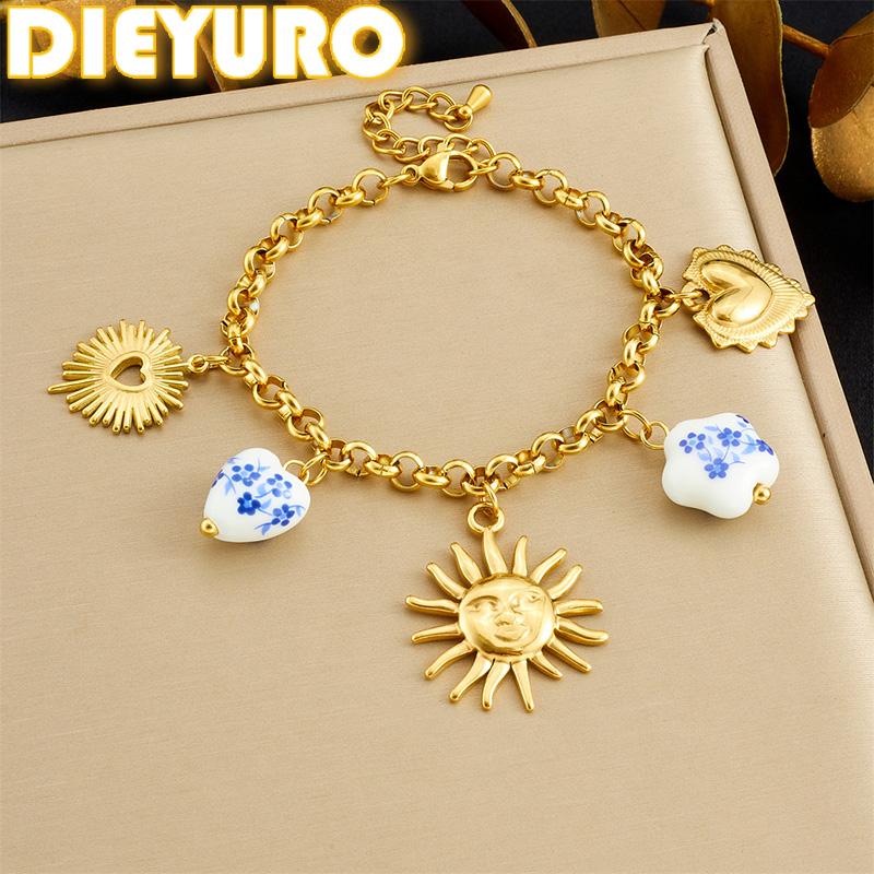 DIEYURO 316L Stainless Steel Golden Sun Heart Ceramic Flower Pendant Bracelet For Women New Classic Wrist Chain Jewelry Gift