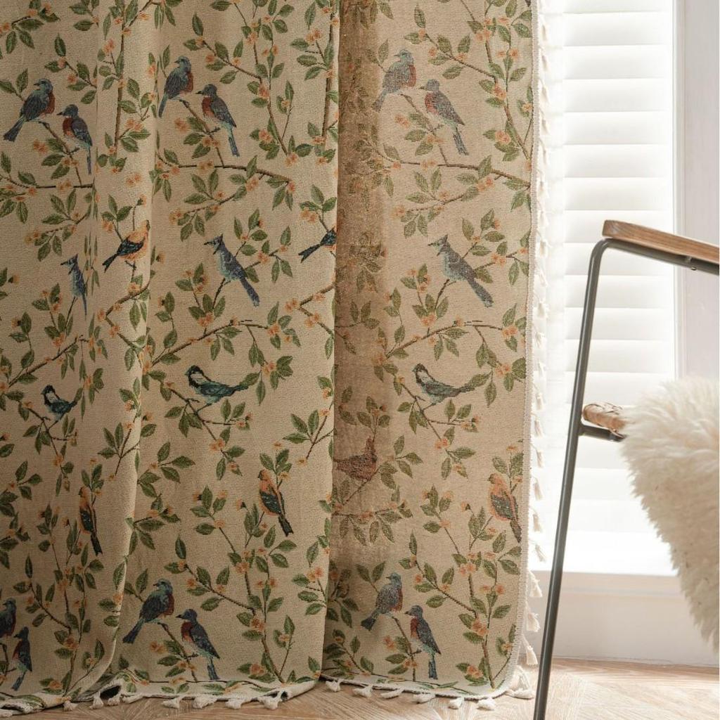 Imanqi Yun Jacquard Floral & Bird Pattern Semi-Blackout Curtains for Bay Windows & Kitchens