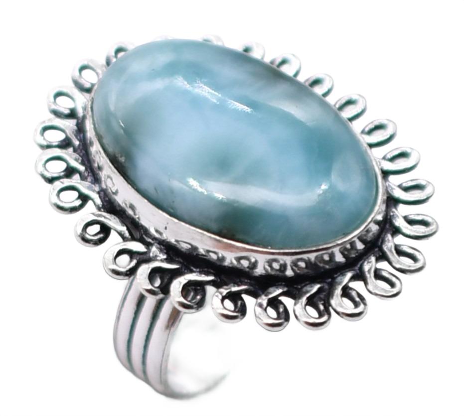 Larimar Natural Gemstone Antique Silver Plated Ring US Size-6 A 381