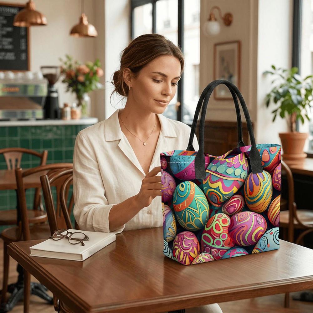 Colorful Easter Egg Pattern Tote Bag Large Capacity Casual Shoulder Bag for Daily Shopping Travel
