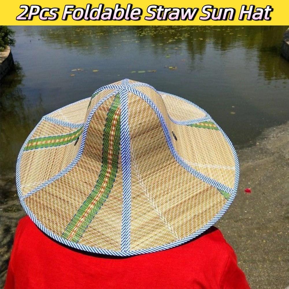 2Pcs Adjustable Foldable Straw Sun Hat Breathable Fishing Sunshade Caps Wide Brim Hat  Summer