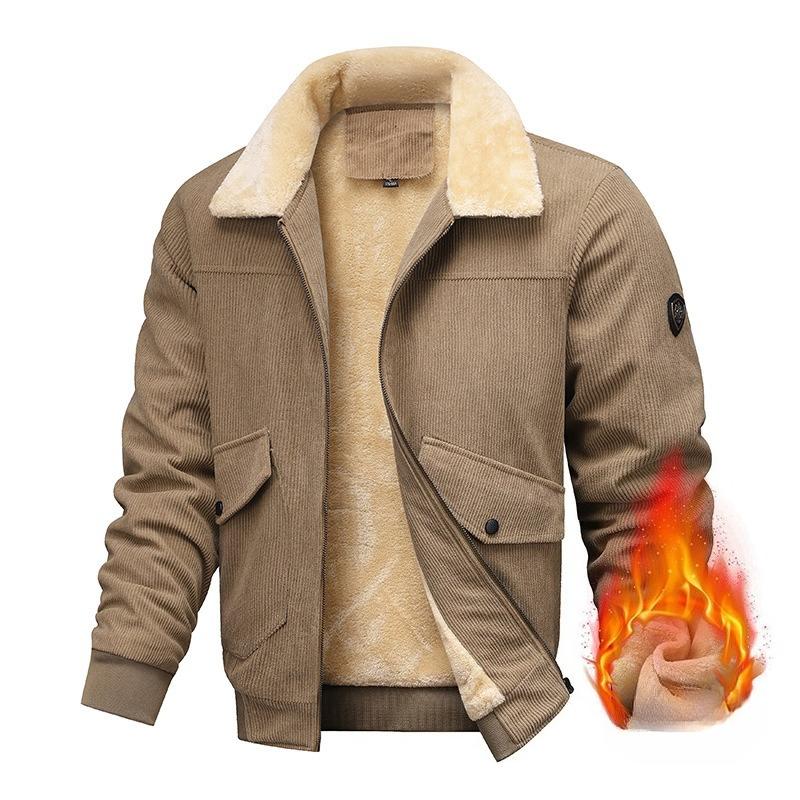Men's Winter Warm Corduroy Jackets With Fleece Lined Lightweight Windproof Coat With Pockets Lapel Collar Work Jacket for Men Thermal Cargo Jacket