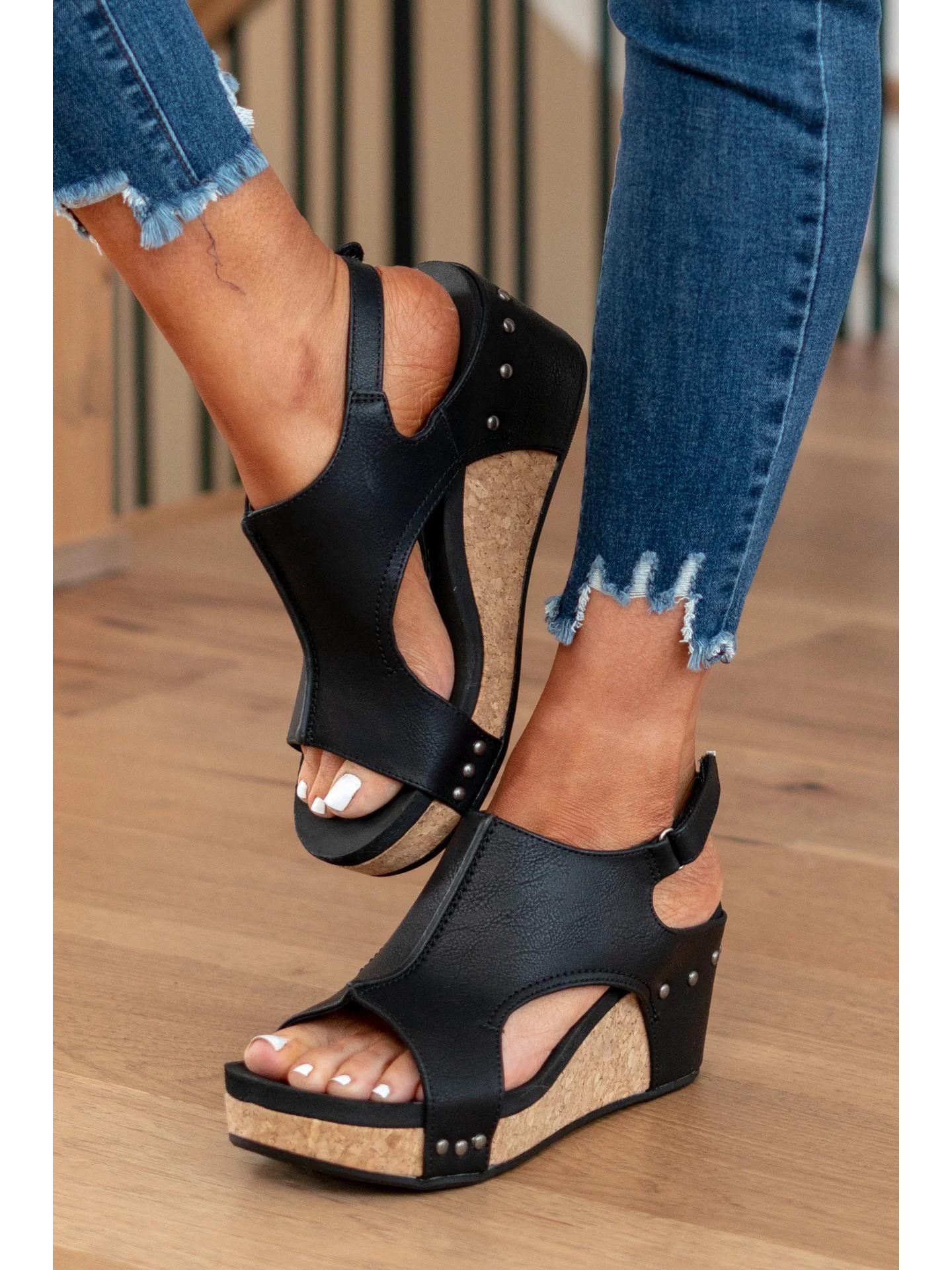 

Женские босоножки римского стиля на плоской платформе большого размера - С открытым носком, на липучке, повседневный дизайн 39 чёрный