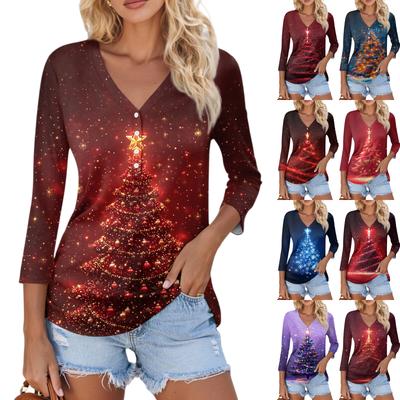 Women's Casual Fashion Sexy Comfortable Christmas Print V-Neck Button Three-quarter Sleeve Top