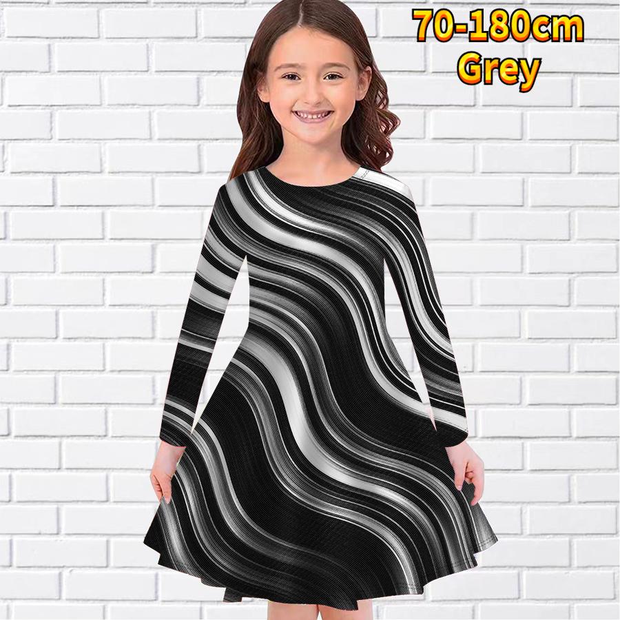 

Girl Casual White Waves Print Round Neck Long Sleeve Dress Kid Princess Dress