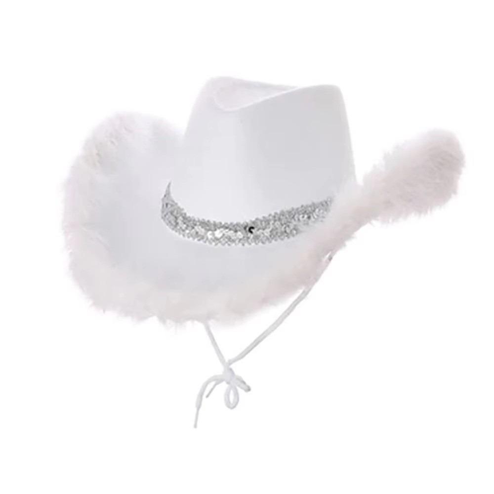 Furry Trim Western Cowboy Hat Solid Color Top Hat Fashion Sequin Cowgirl Hat Stage Performance