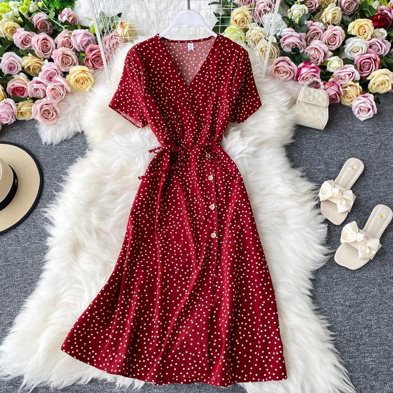 Koreanisches rotes elegantes Kleid Frauen Sommer Strand V-Ausschnitt Polka Dot Midikleid Taille Split Kleider Rosa Blau Schwarz