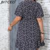 BITCED Plus Size Women's Sun Dress Summer Floral Short-Sleeve Wrap V-Neck A-Line Dress