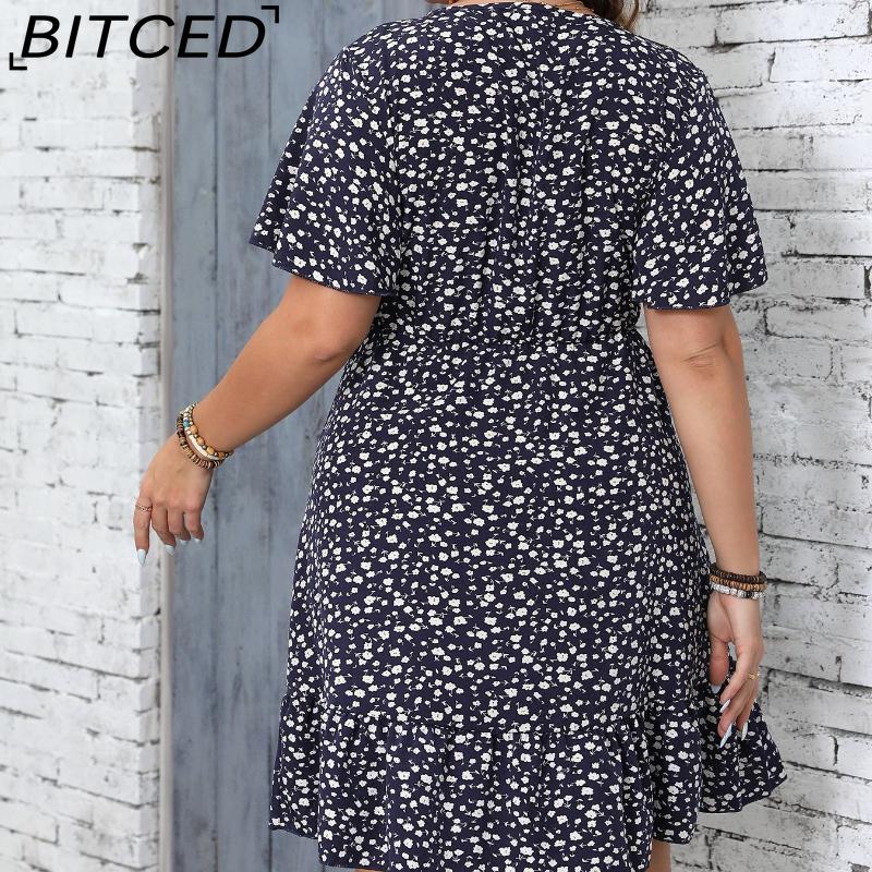 BITCED Plus Size Women's Sun Dress Summer Floral Short-Sleeve Wrap V-Neck A-Line Dress
