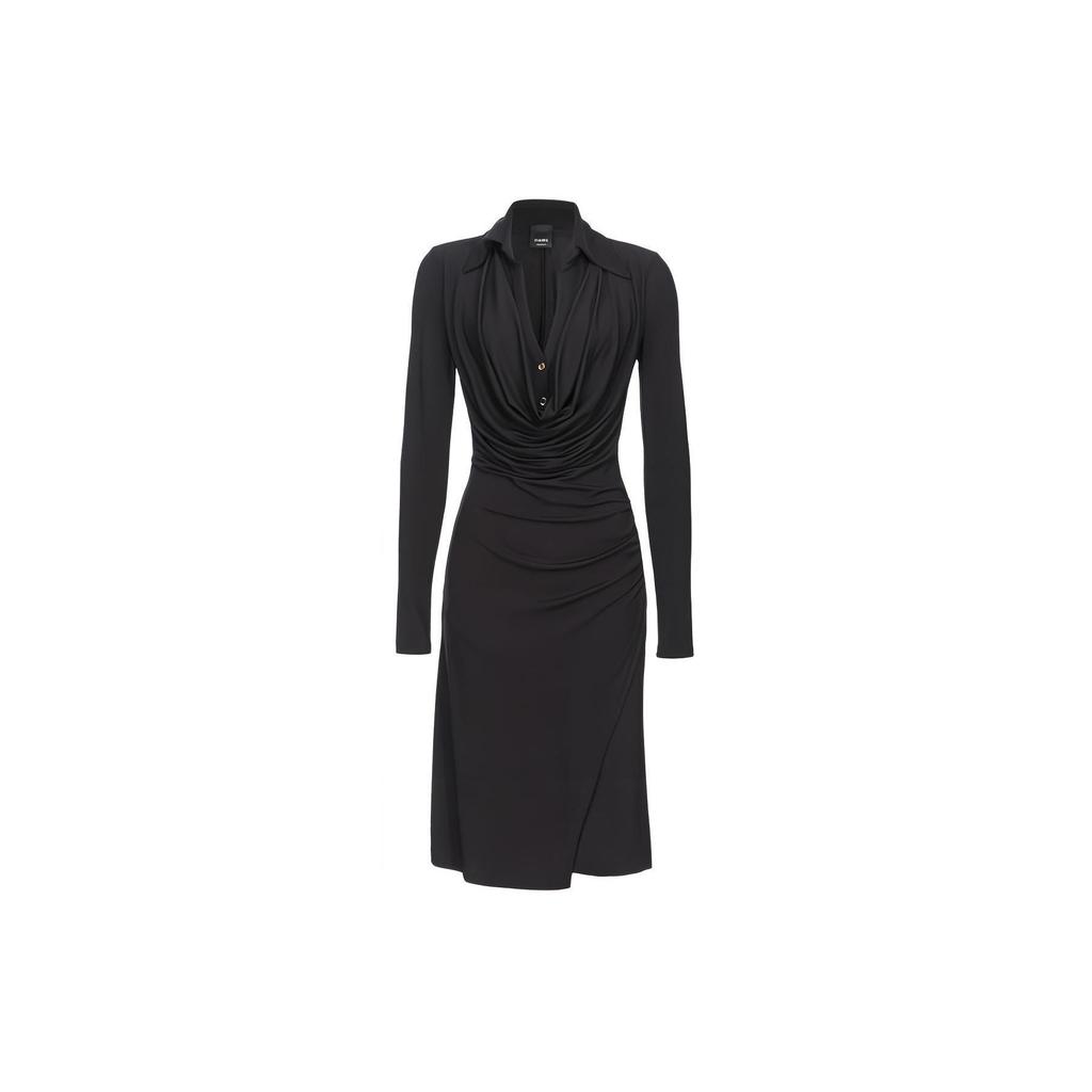 PINKO Solid Color V-Neck Pleated Waist Slim Fit Midi Long Sleeve Dress Women dresses Black 103052A1L0-Z99