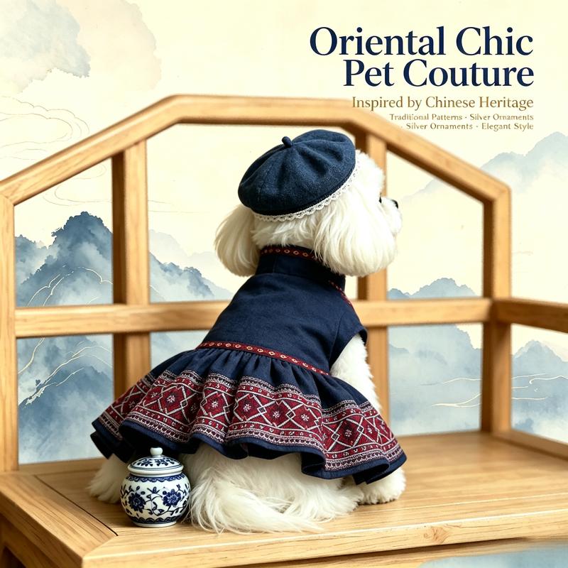 Chinese Ethnic Pet Dress Silver Ornament Clothes Small Medium Dogs Teddy Puppy Embroidery Cat Outfit Oriental Pet Costum