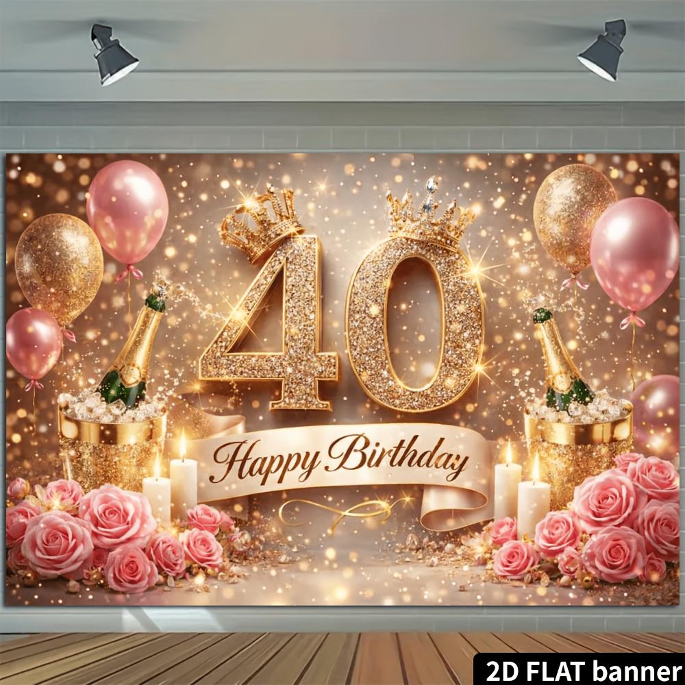 2D Plane 40th Birthday Party Backdrop for 40-year-olds Gold Diamond Numerals 40 Crown Theme Wall Decoration