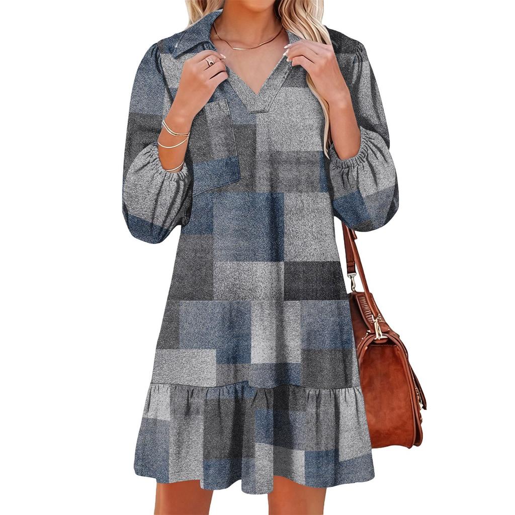 Women's fashionable and elegant long-sleeved V-neck pocket plaid print dress