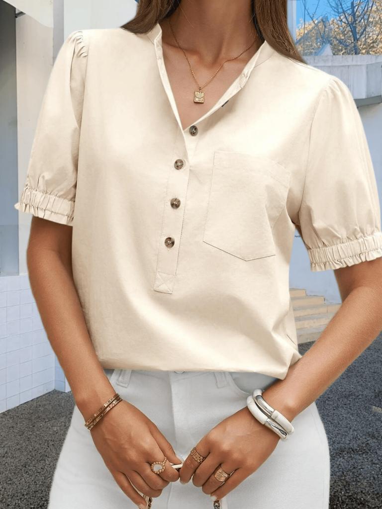 Women's Puff Sleeve Collared Blouse Half Button Down Cotton Loose Work Top