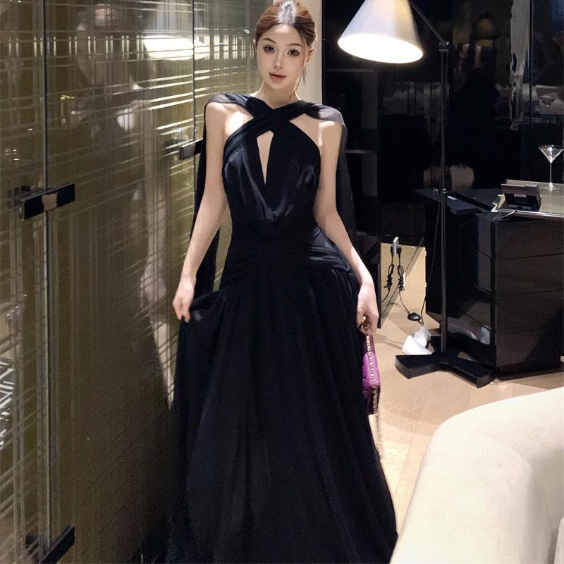 Neck Dress Women s Sexy Annual Meeting Dress Light Luxury Niche Heavy Industry Streamer Backless Vacation Birthday Skirt S чёрный