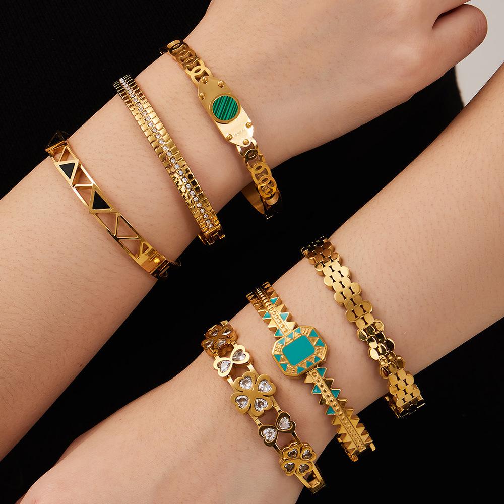 European and American Style Geometric Enamel Buckle and Zircon Flower Stainless Steel Bracelet Set
