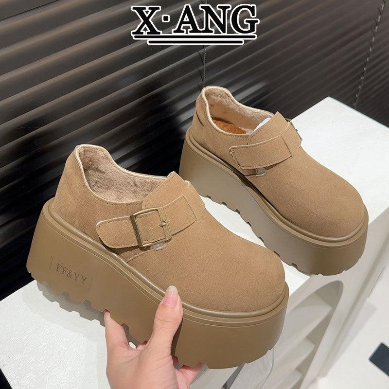 Cowhide version all-inclusive velvet children's autumn and winter new muffin thick-soled heightening women's shoes Loafer cotton shoes