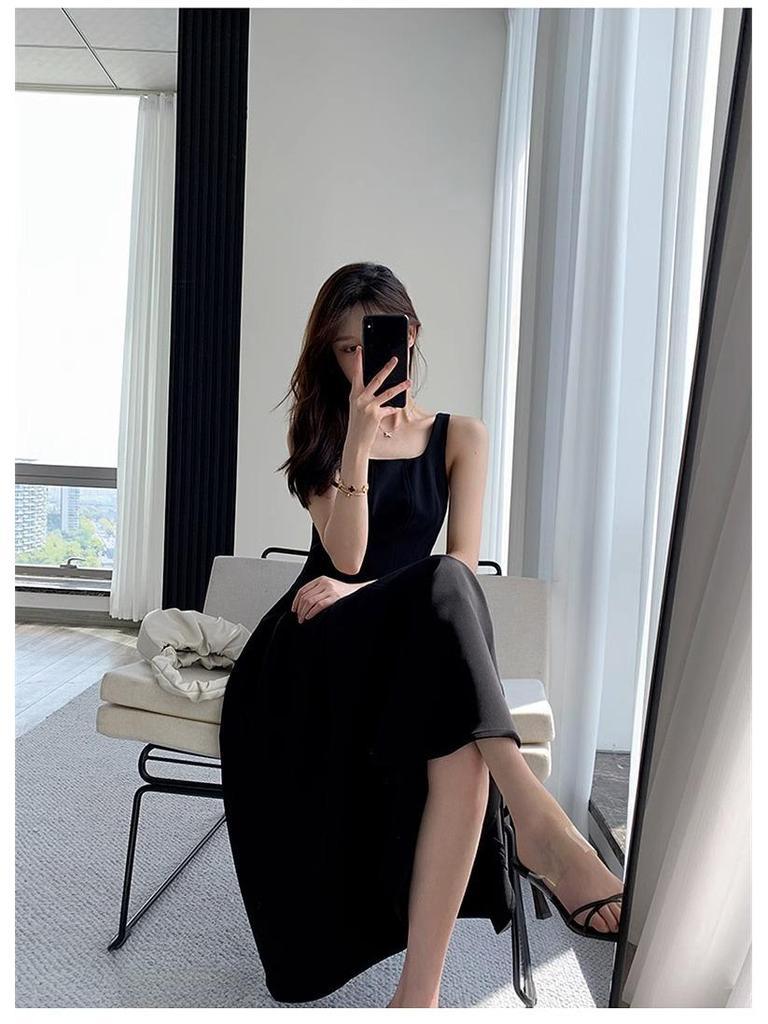 2024 Women's Black Spaghetti Strap Dress - French Style, Waist-Hugging, Hepburn Inspired, Square Neck, High Waist, Over-the-Knee Length